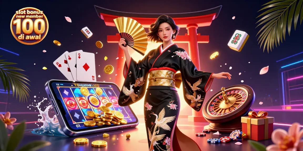 Experience the excitement with slot bonus new member 100 di awal, surrounded by captivating casino elements and a stunning Asian character.