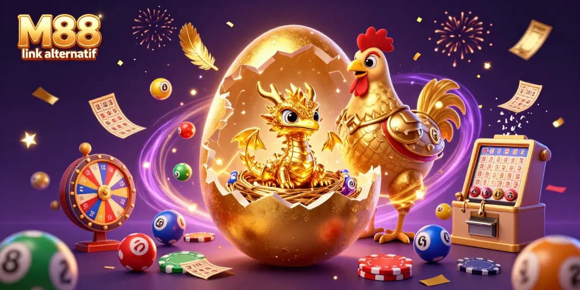 M88 link alternatif showcases a gold dragon on poker chips, with vibrant gaming elements and a magical atmosphere.