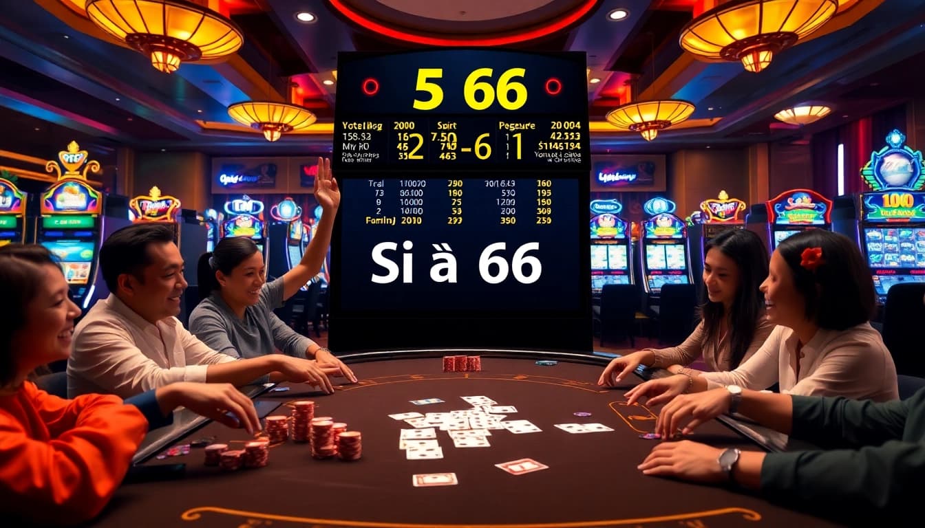 Số Đỏ 66 casino scene with excited players at poker table, vibrant slot machines, and live game stats.