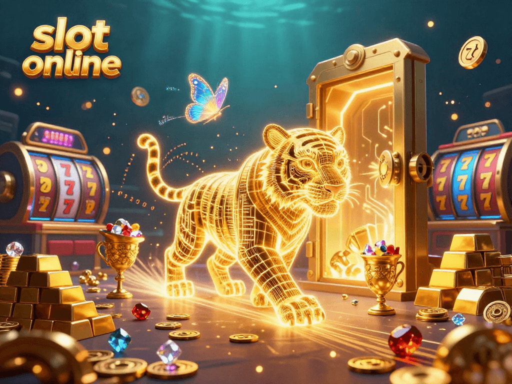 Experience the thrill of slot online with a vibrant 3D scene featuring a glowing tiger and dynamic casino elements.