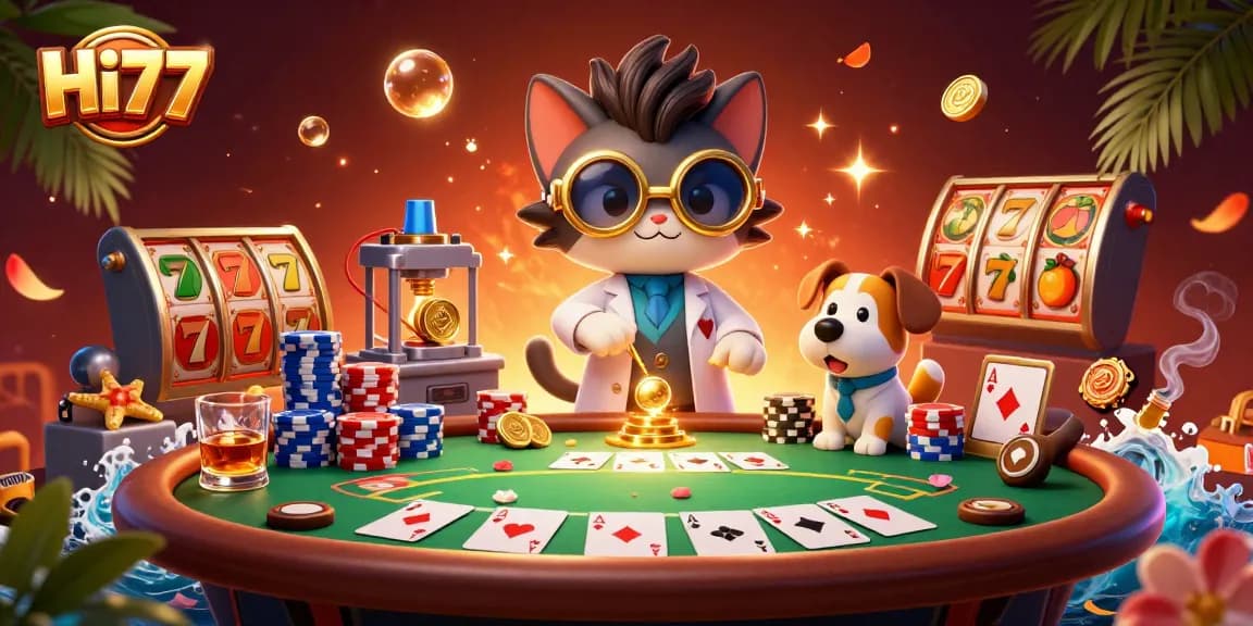 Experience thrilling gameplay at Hi77 with vibrant casino elements and dynamic characters in a colorful 3D scene.