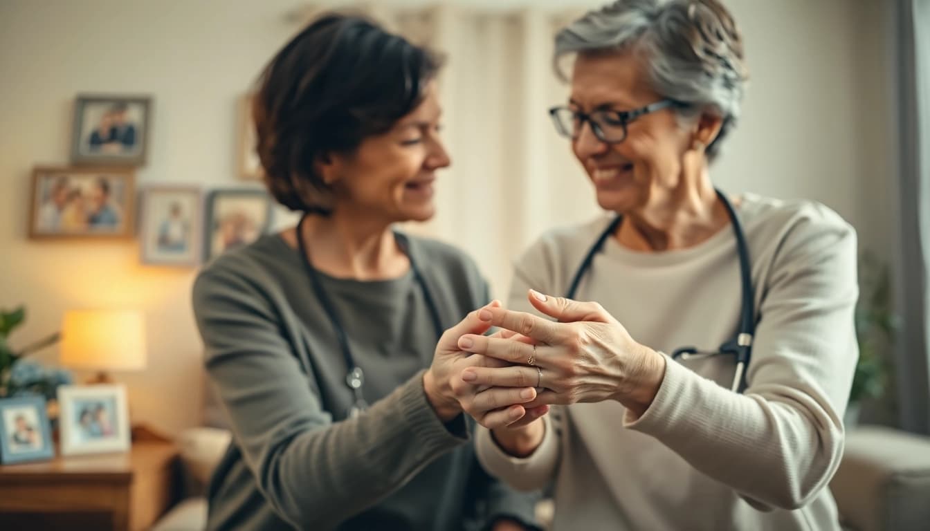 Providing care at home through compassionate caregiver assistance in a warm setting.