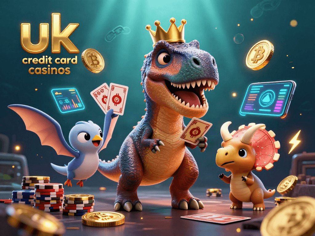 Engage with uk credit card casinos as a T-Rex shuffles cards and a triceratops stacks chips in a vibrant casino scene.