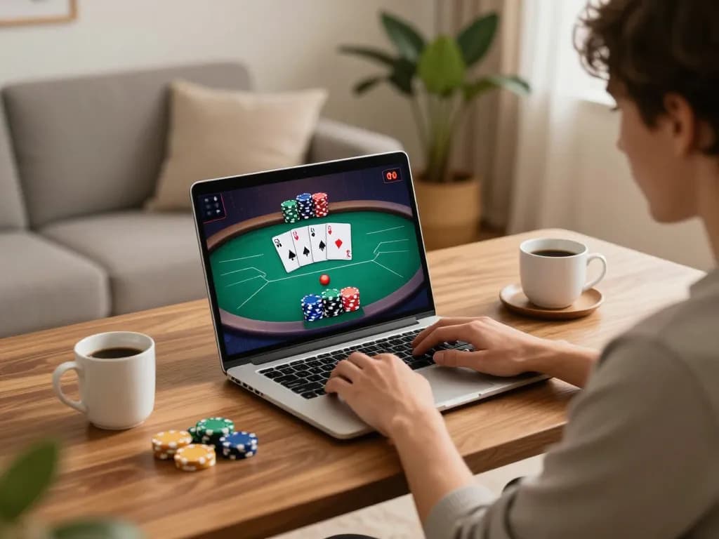 Player engaged in online poker at home using laptop with g28 interface and colorful chips.