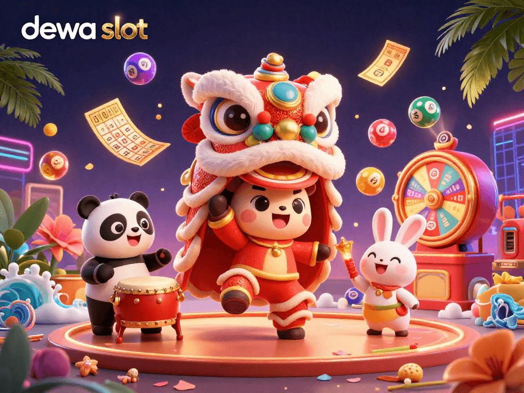 Raih kemenangan besar dengan dewa slot dalam ilustrasi kasino yang meriah dan penuh warna.