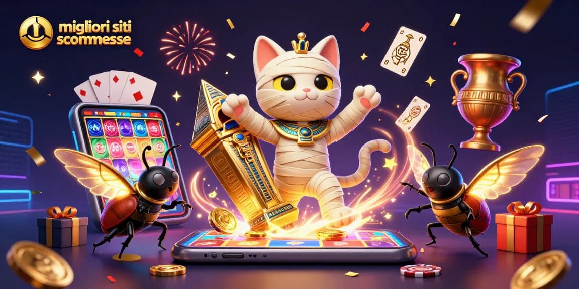 Scopri i migliori siti scommesse con un'illustrazione vivace di un gatto mummificato e un scarabeo.