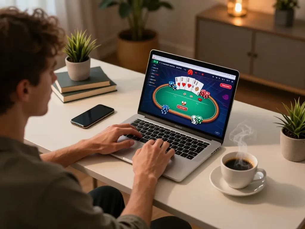CakhiaTV user experiencing dynamic online poker gameplay on laptop at home, showcasing comfortable gaming environment.
