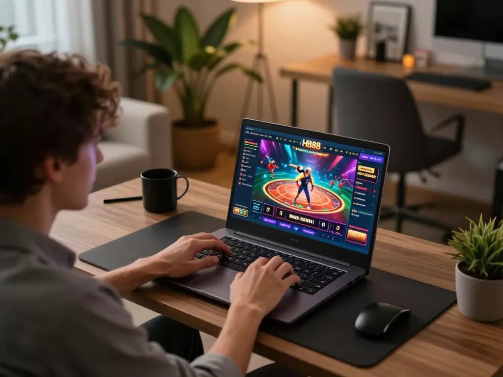 Engaging online gaming with HB88 interface on laptop in a cozy home setup.