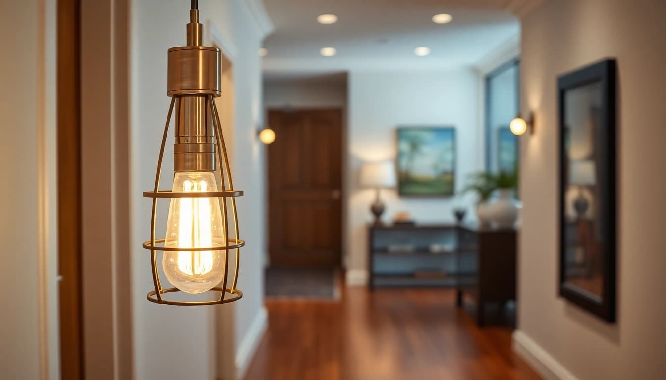 Illuminated light fixtures for hallway create a warm ambiance in a stylish hallway setting.