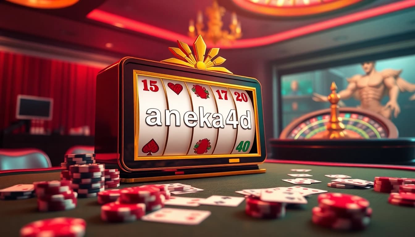 Mesin slot Aneka4D bersinar dalam latar kasino online yang dinamis, penuh kegembiraan dan kemewahan.