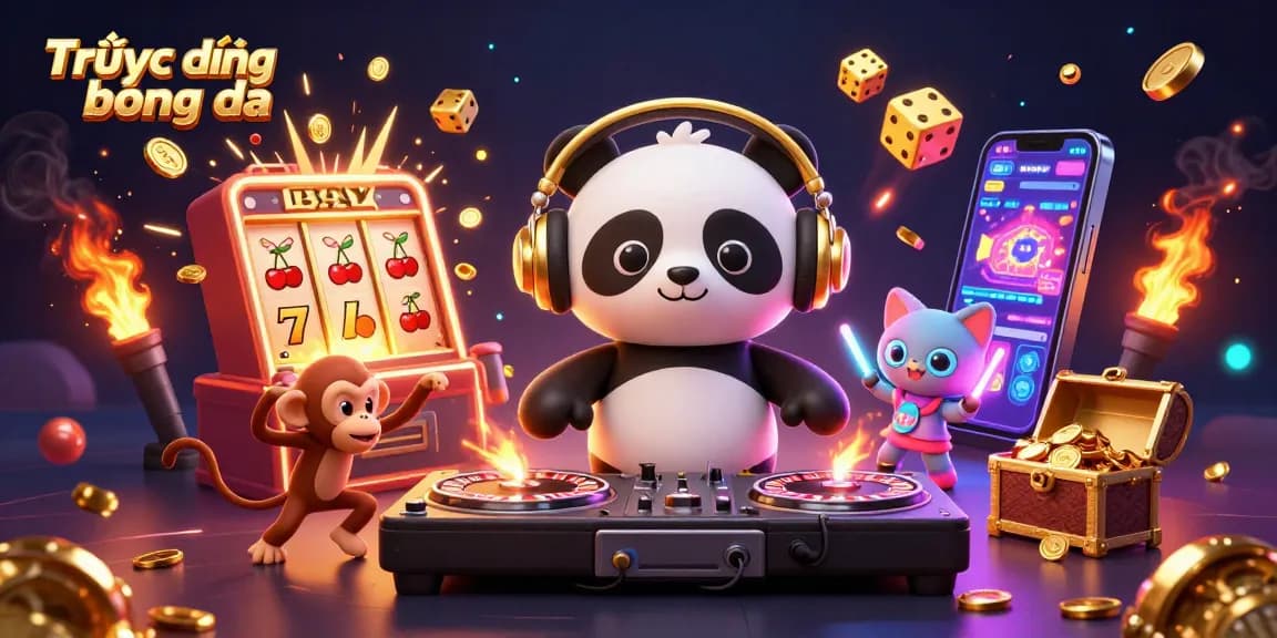 Experience Trực tiếp bóng đá with vibrant cartoon characters, interactive casino elements, and a lively scene.