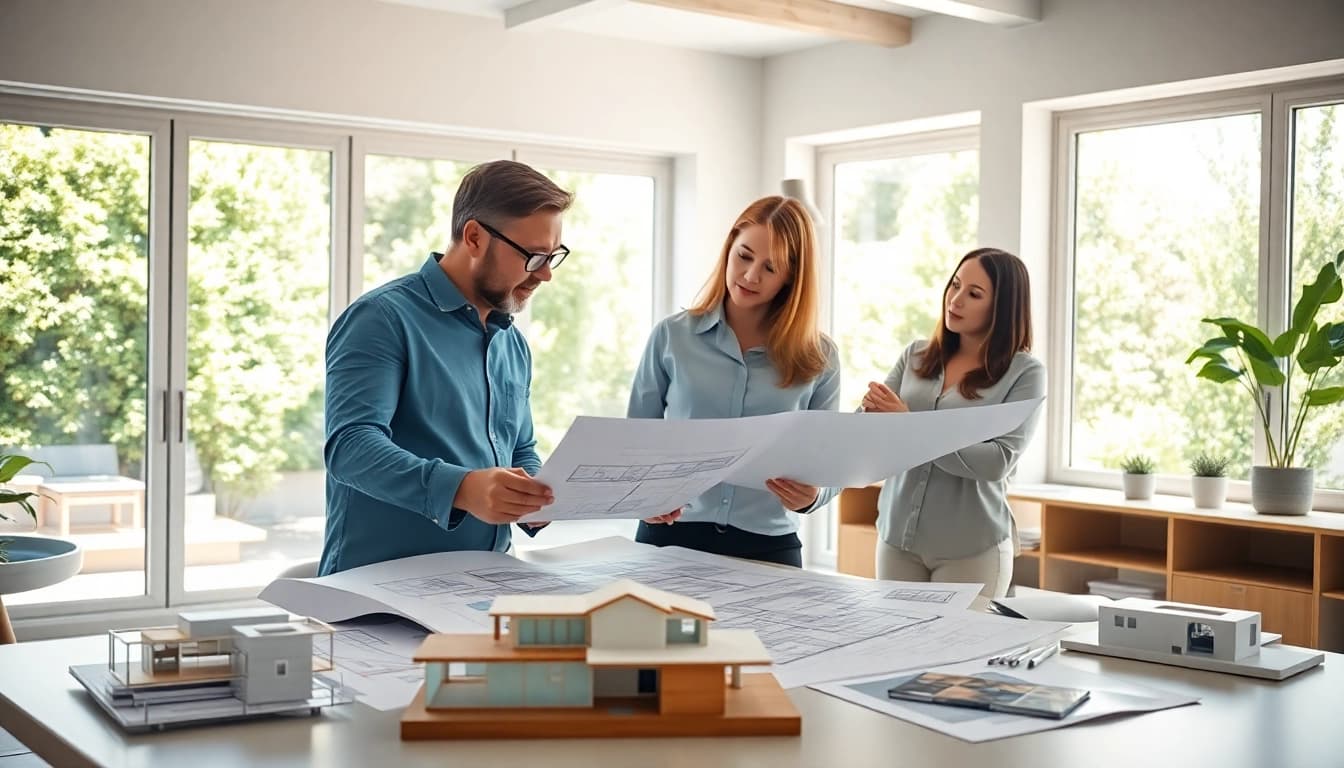 Residential architects for home renovation team collaborating in a bright and modern office.