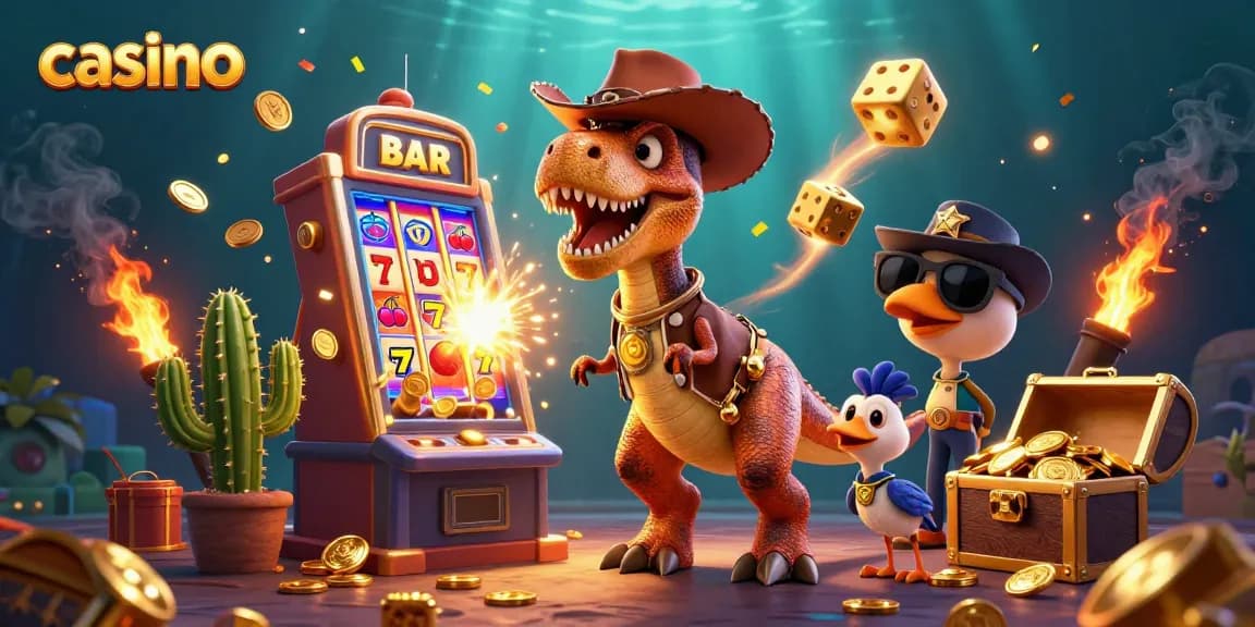 Engaging casino scene with a cowboy dinosaur and friends celebrating a slot machine jackpot