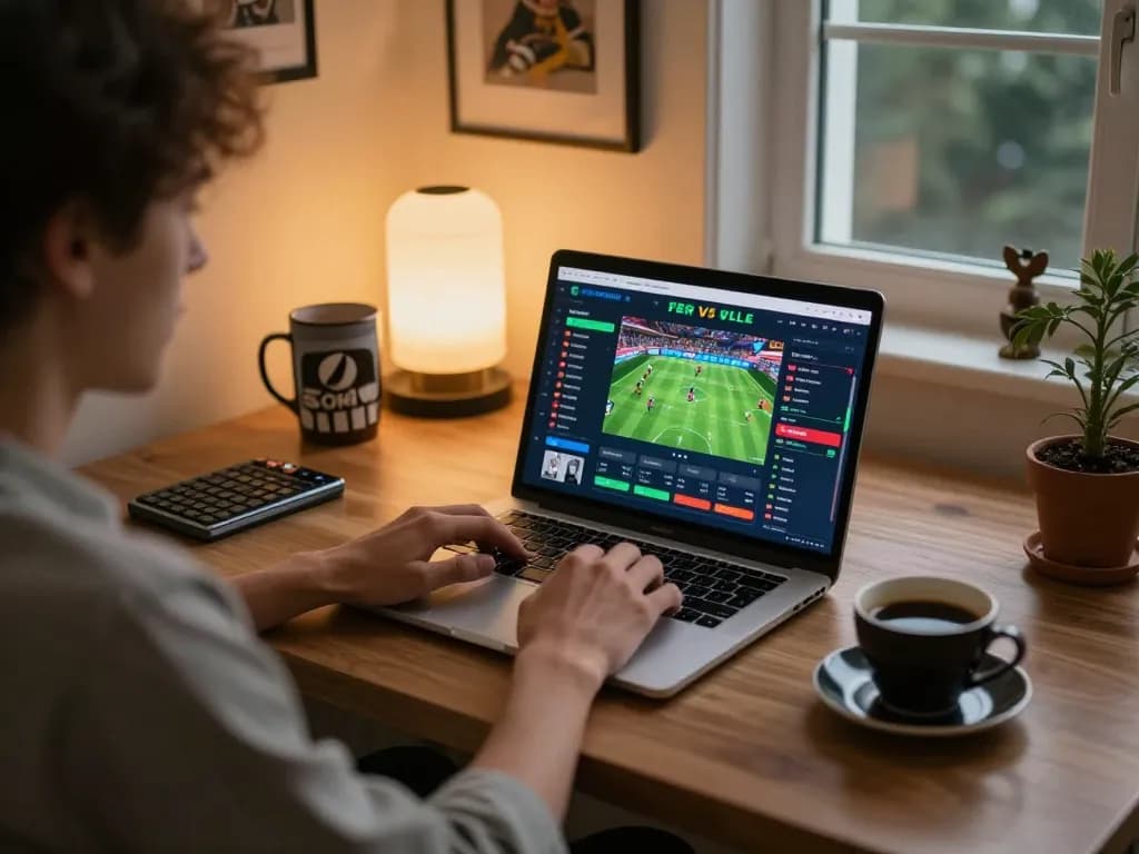 Kèo nhà cái 55 sports betting scene with laptop interface and cozy atmosphere