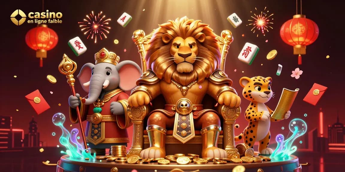Casino en ligne fiable avec un roi lion, un éléphant sage et un guépard messager dans une scène dynamique.