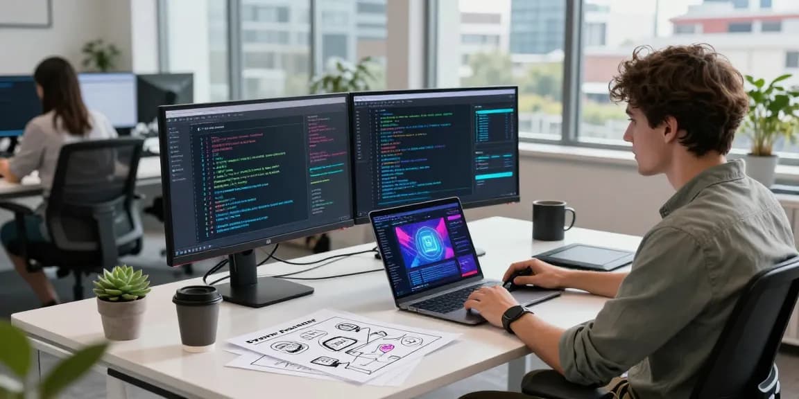 AI developer using an image to prompt tool in a modern office, showcasing creative technology.