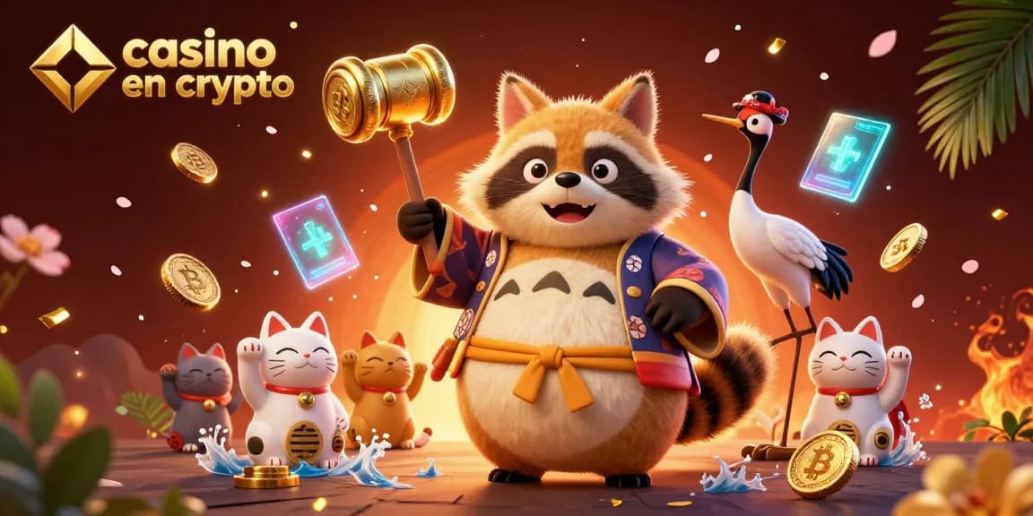 Visualisez le casino en crypto avec un tanuki, une grue et des maneki-neko dans un cadre festif.