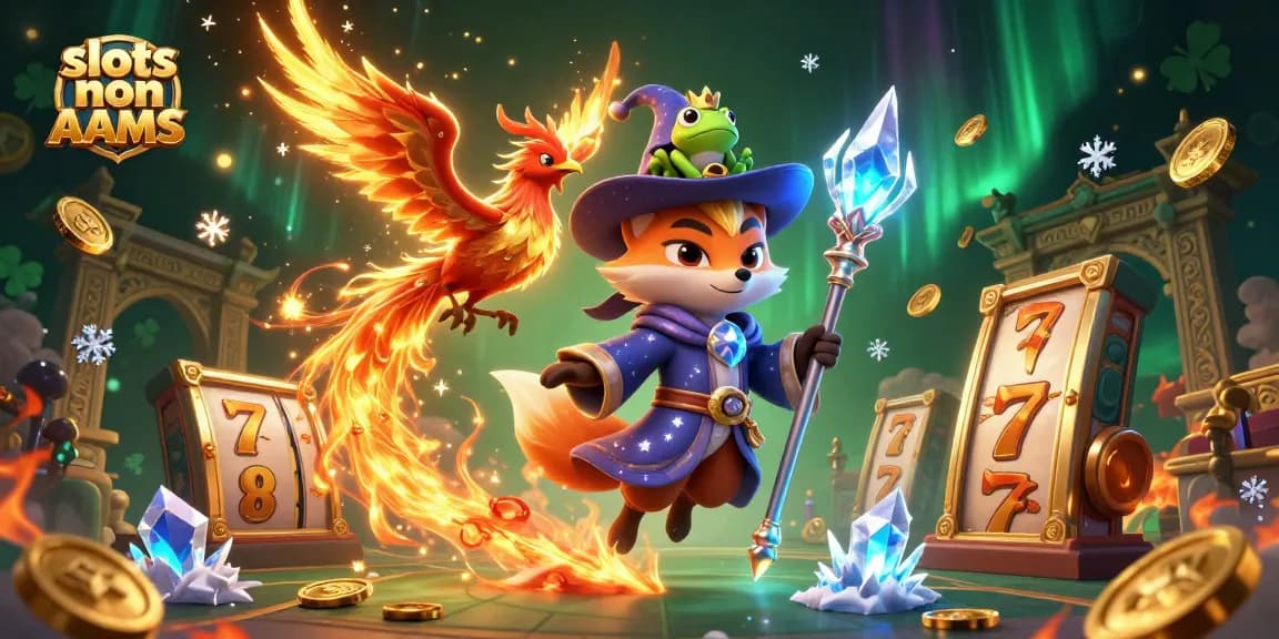 Interagisci con i slot non AAMS attraverso una scena magica in 3D con un mago piena di jackpot e elementi vibranti del casinò.