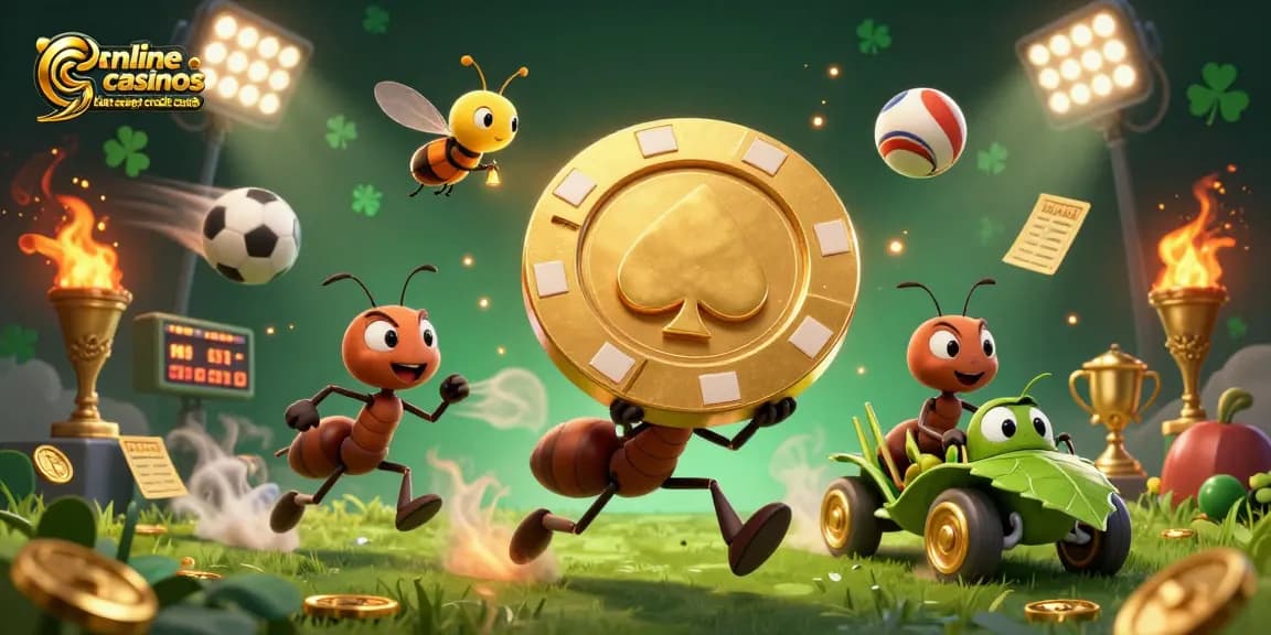 Engaging scene showcasing a team of ants carrying a giant poker chip at online casinos that accept credit cards, surrounded by vibrant casino elements.