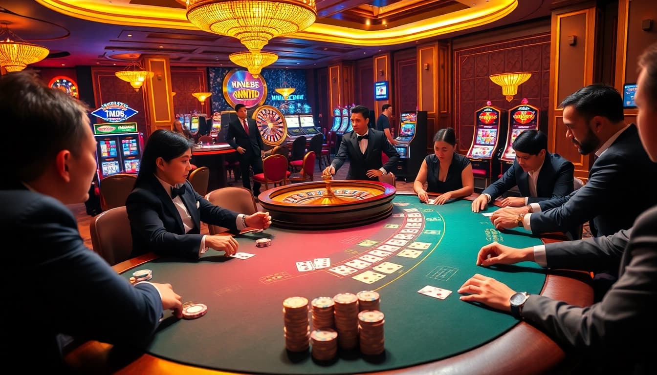Engaged players at a vibrant poker table in a luxurious casino scene showcasing nk88 excitement.