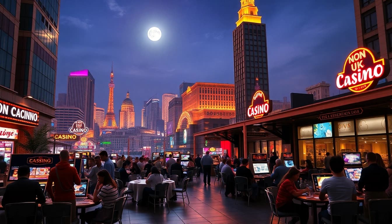 Explore vibrant ambiance of Non Uk Casino with diverse players enjoying various games.