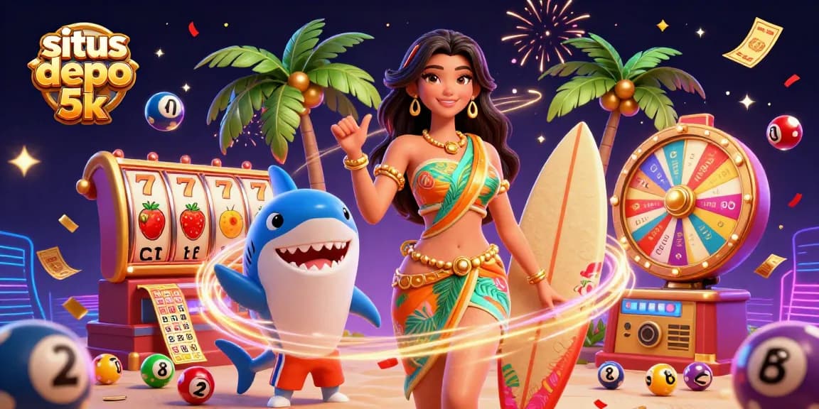 Experience the excitement of situs depo 5k with vibrant slot reels, colorful lottery balls, and festive characters.