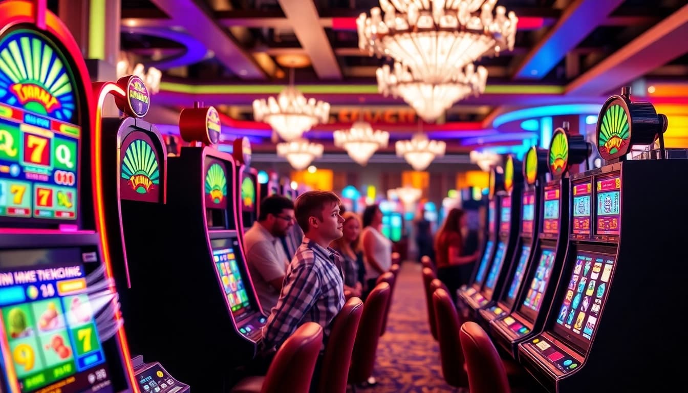 Menang besar di slot gacor dengan mesin kasino yang cerah dan pemain yang bersemangat.