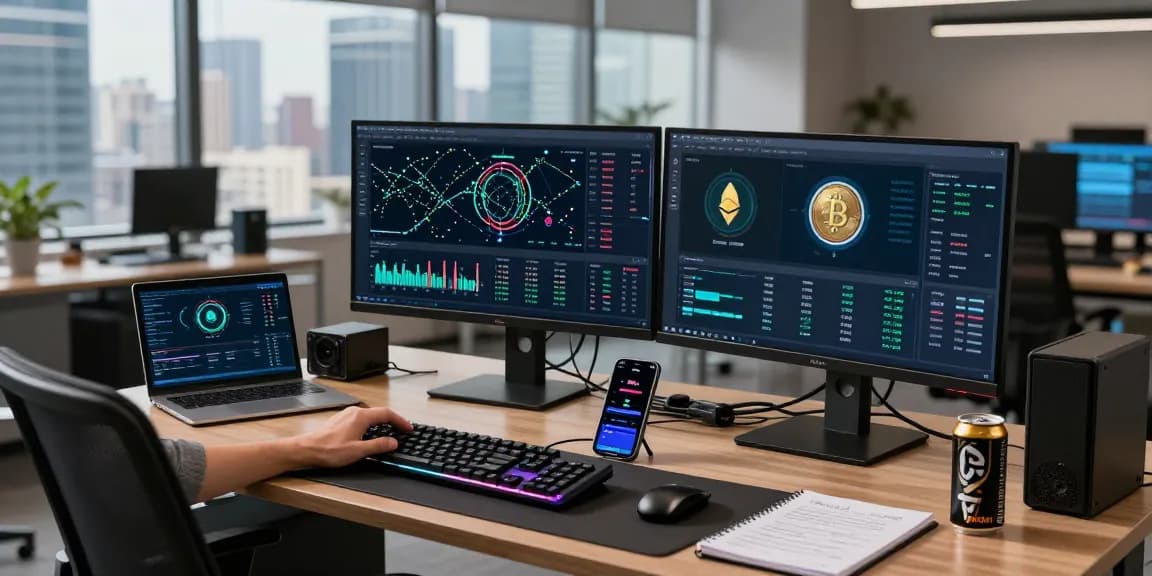 Crypto mining platform workspace featuring dual monitors and digital wallet analytics