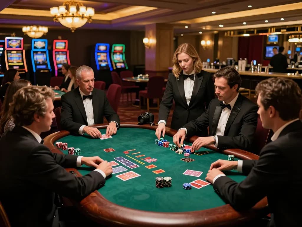 Engaging scene of players enjoying top quality widgets at a blackjack table in a luxurious casino.