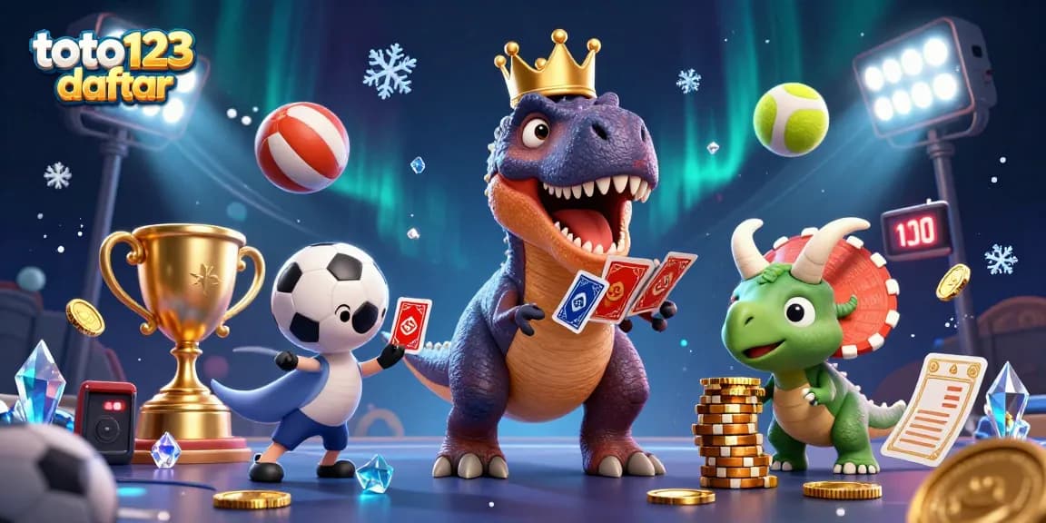 Toto123 daftar showcases a T-Rex and friends engaged in thrilling casino activities amidst vibrant game elements.