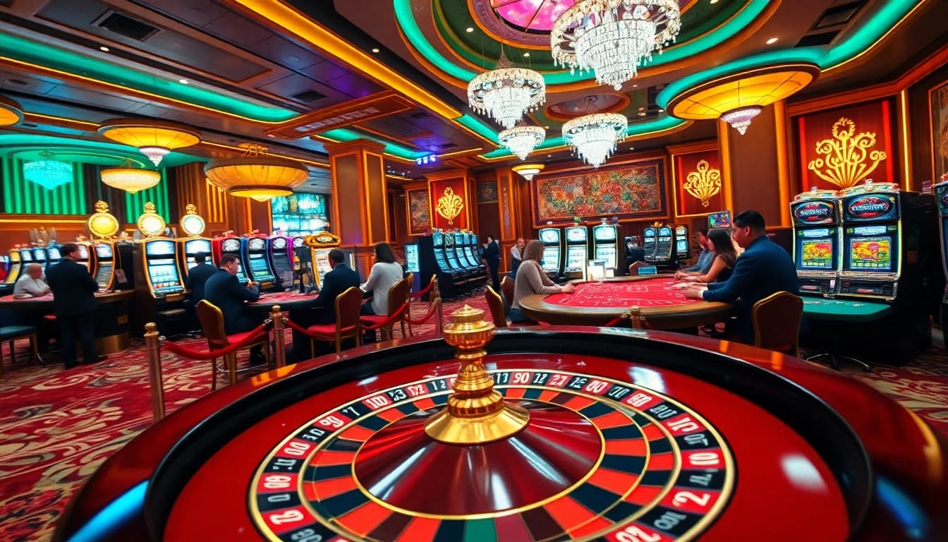 Topclub gamblers enjoying a thrilling casino experience at a vibrant roulette table and slot machines.