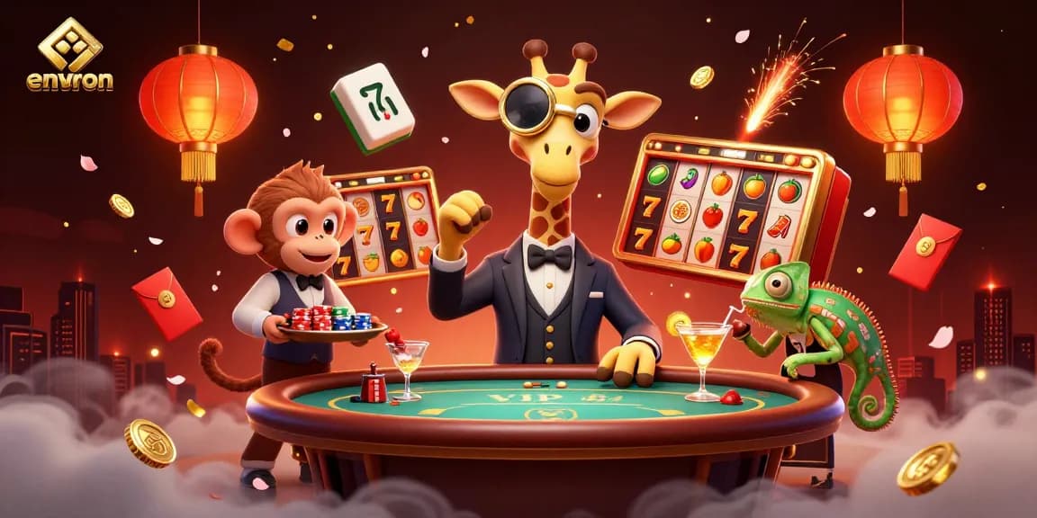 Join the excitement at environ with a high-roller giraffe and a monkey valet amidst vibrant casino action.