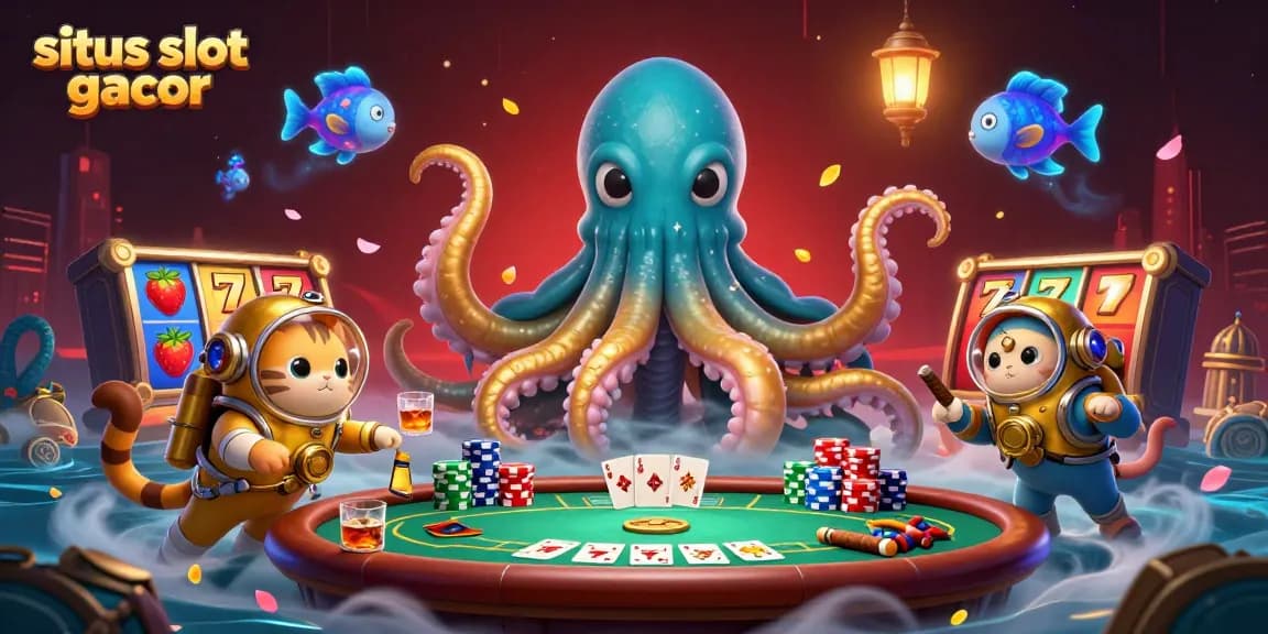 Engage with situs slot gacor through an exciting underwater casino scene featuring a kraken and vintage diving cat.