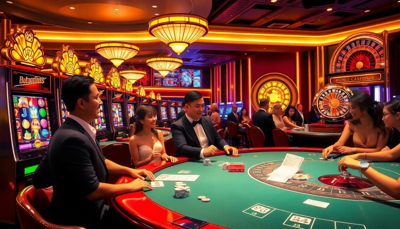 Exciting Slot Terpercaya scene with players engaging at vibrant casino slot machines.