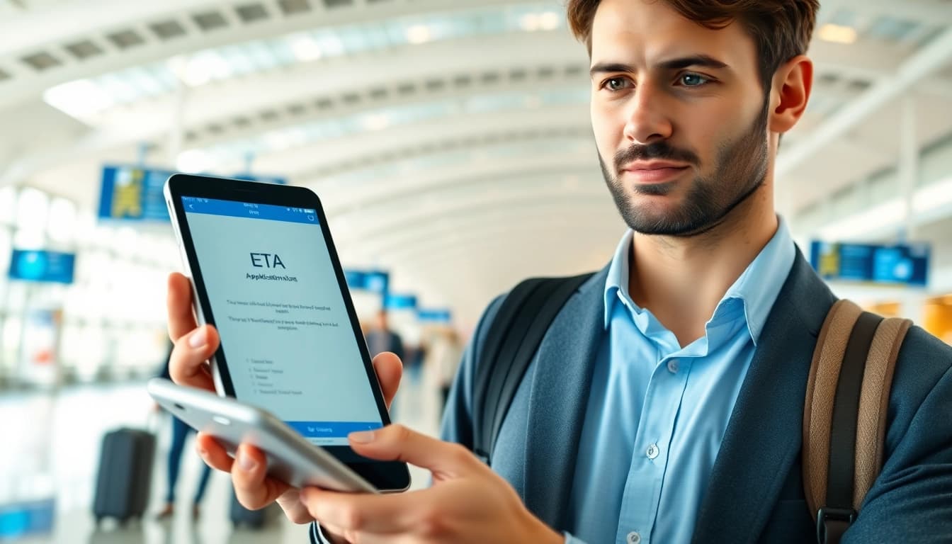 Apply for the eta application uk easily using a digital device in a busy airport terminal.