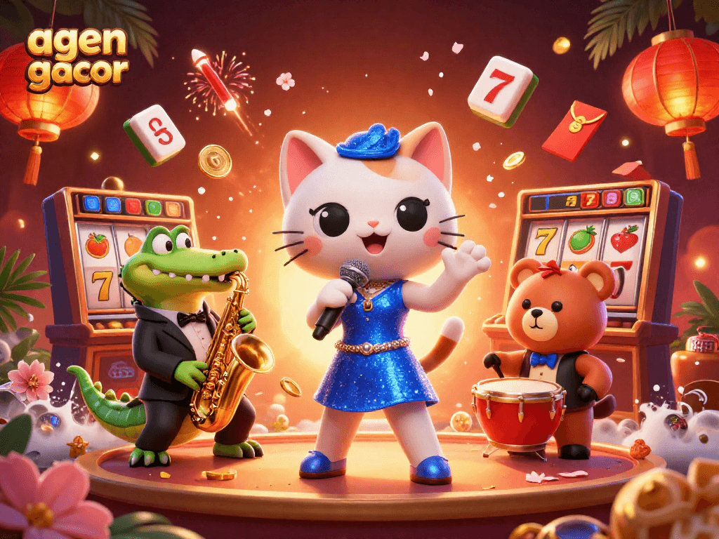 Engage with the vibrant agen gacor scene featuring a jazzy cat, croc, and bear in an animated casino.