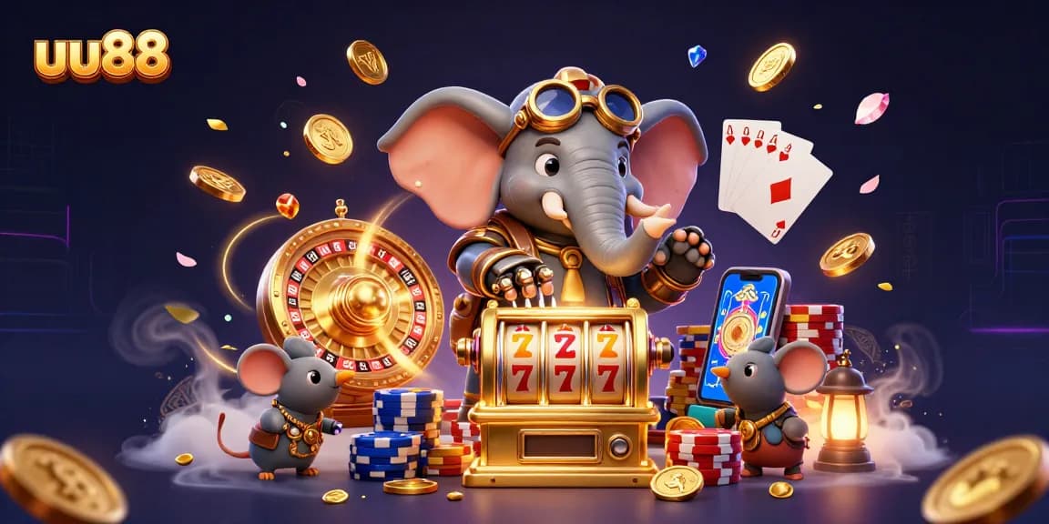 Play a winning hand at uu88 with our interactive steampunk casino scene featuring a golden slot machine.