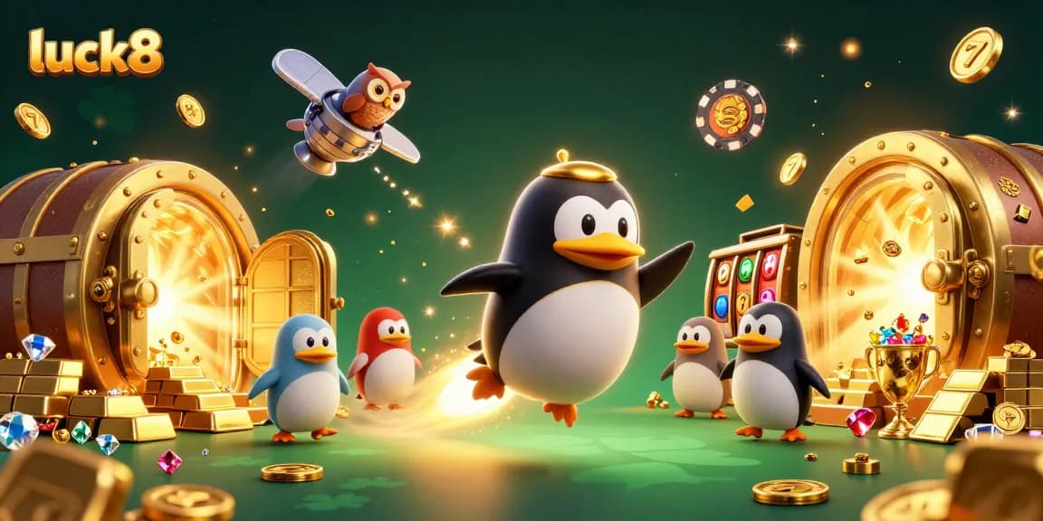 Experience luck8 with a golden penguin and slot reels amidst a treasure-filled casino scene.