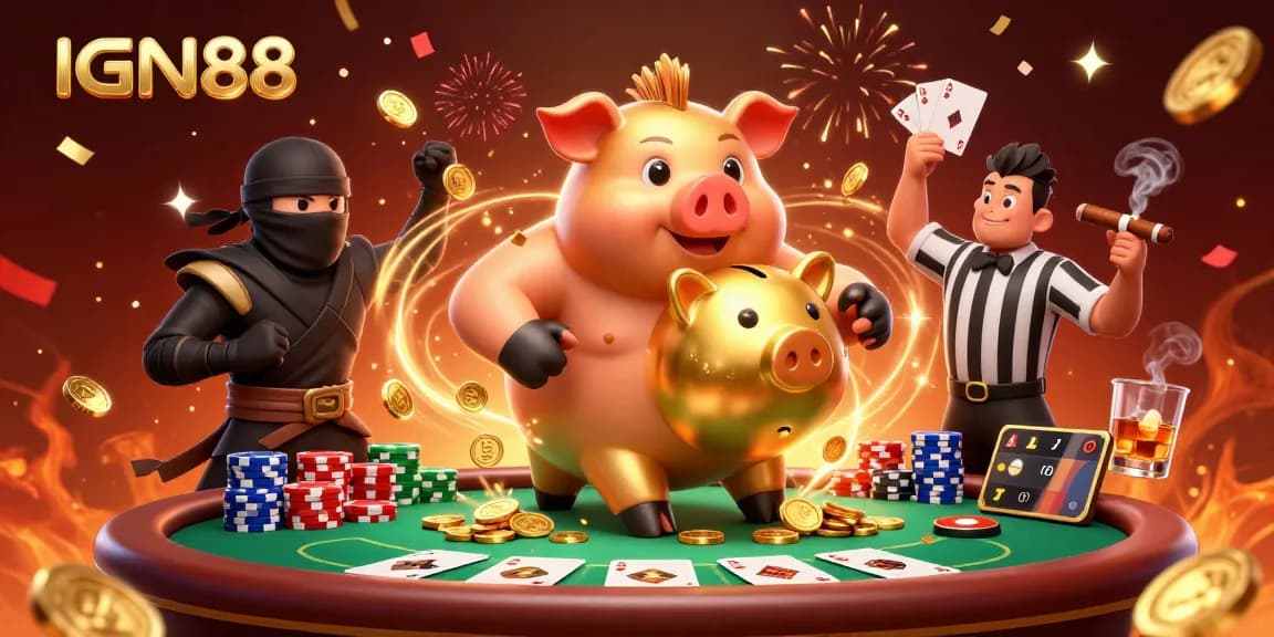 IKON IGN88, karakter kasino 3D bersemangat di tengah permainan poker dengan koin emas berhamburan.