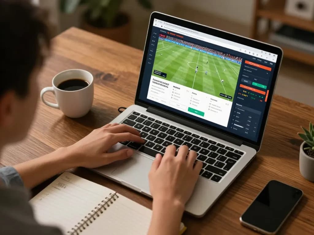 Person engaged in online betting using laptop while analyzing soi keo nha cai statistics at home.