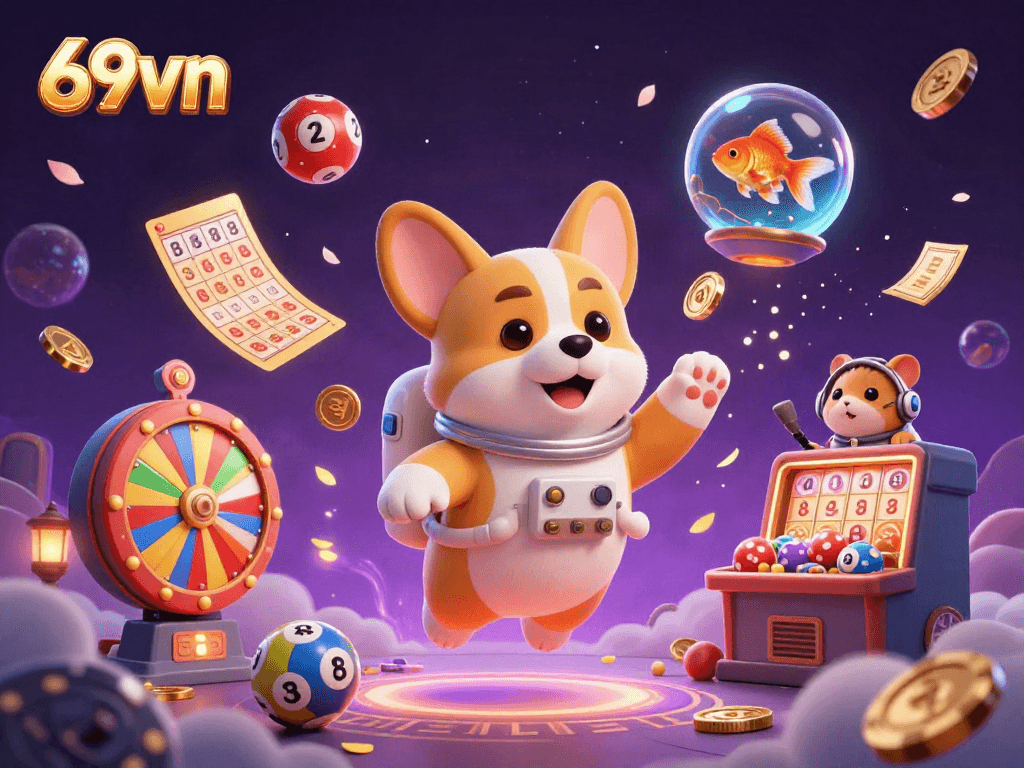 Engage with vibrant games at 69vn's casino illustration, featuring a floating corgi, colorful balls, and golden prizes.