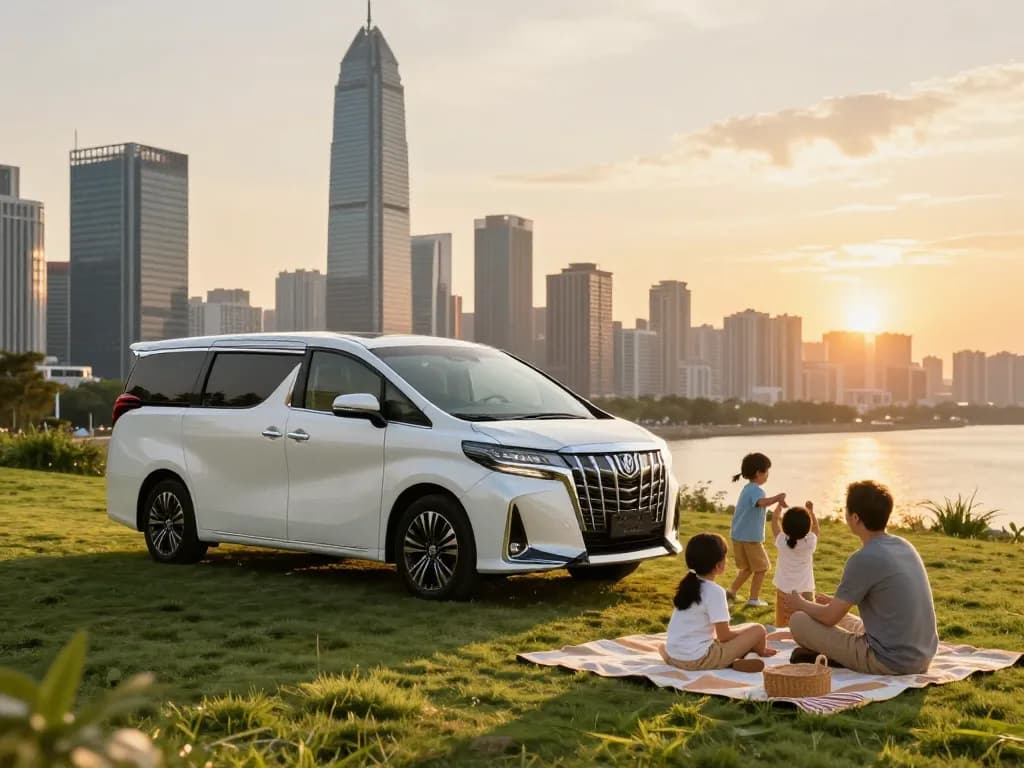 cho thuê xe Toyota Alphard đỗ vào lúc hoàng hôn, thể hiện du lịch gia đình sang trọng với những khoảnh khắc vui vẻ và đường chân trời thành phố