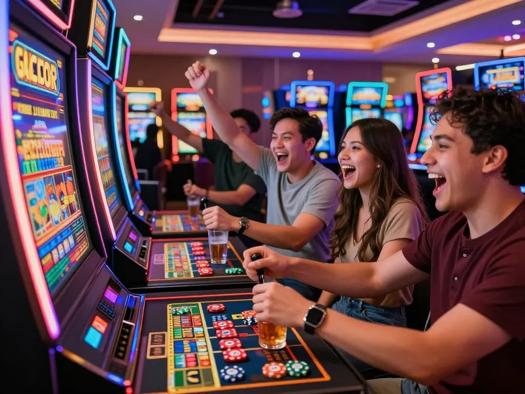 Engaged players celebrating wins at a bustling casino slot machine, highlighting the excitement of slot gacor hari ini.