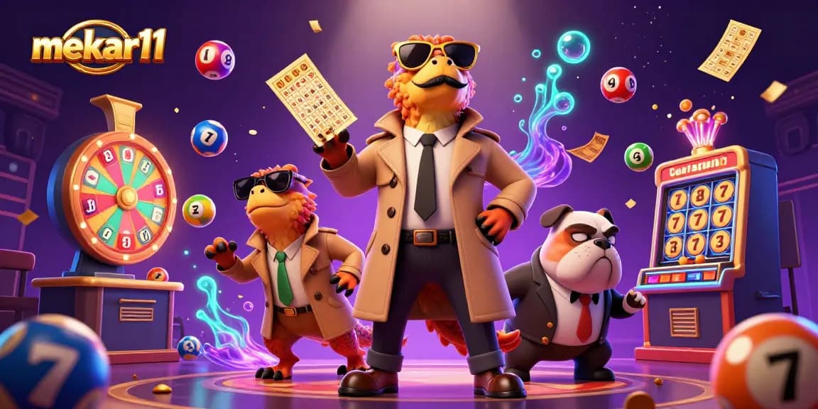 Experience fun at mekar11 with cartoon raptors entering a VIP casino lounge, surrounded by vibrant lottery elements.