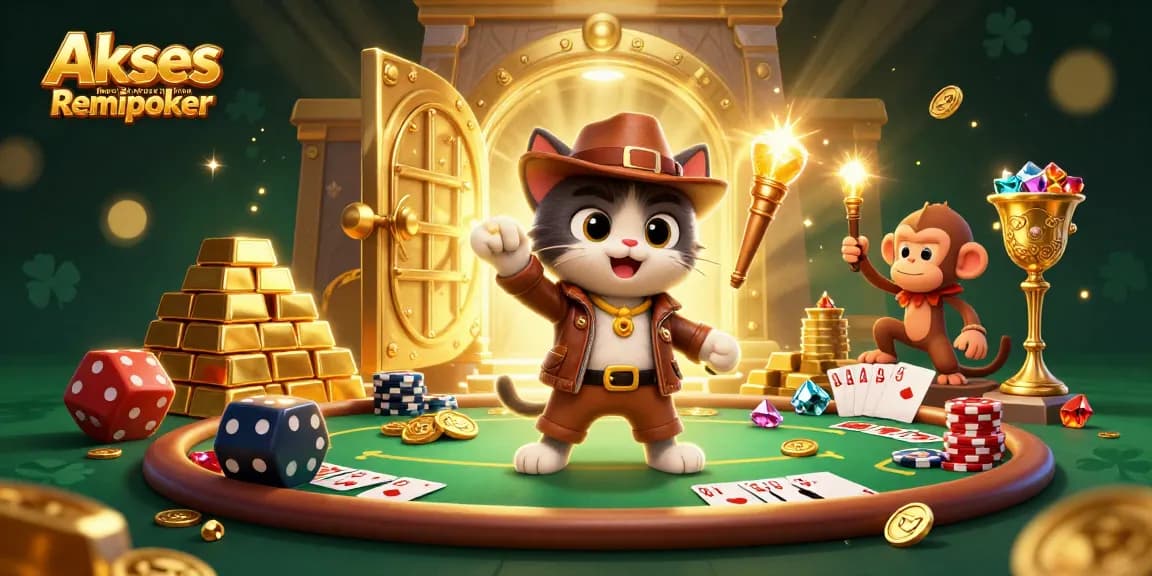 Akses Resmi Poker Online Remipoker showcases a cat archaeologist discovering golden treasures at a casino.