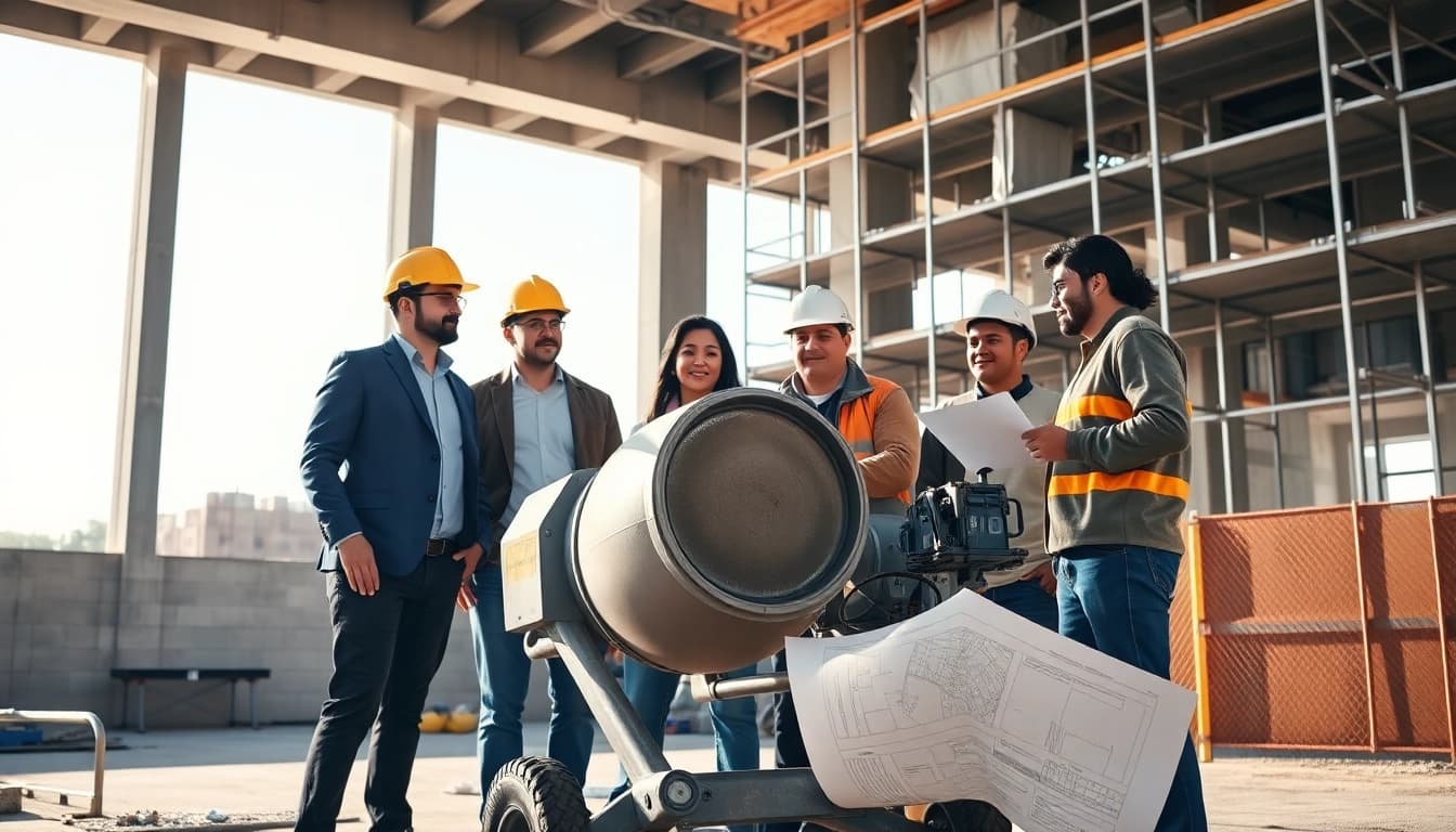 Construction career teamwork on-site with diverse workers, tools, and plans.