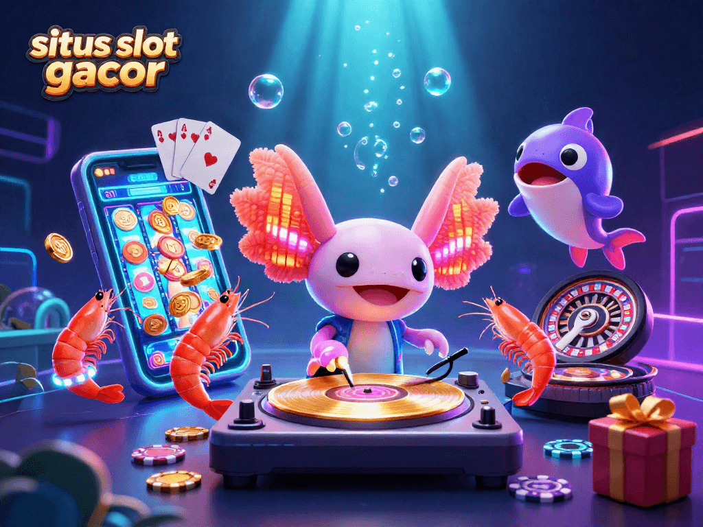 Situs slot gacor showcases a vibrant casino scene with a DJ axolotl spinning and coins flying.