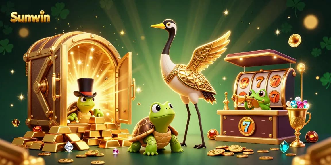 Sunwin Casino showcases a dynamic 3D illustration of cartoon characters playing slots, surrounded by gold treasure.