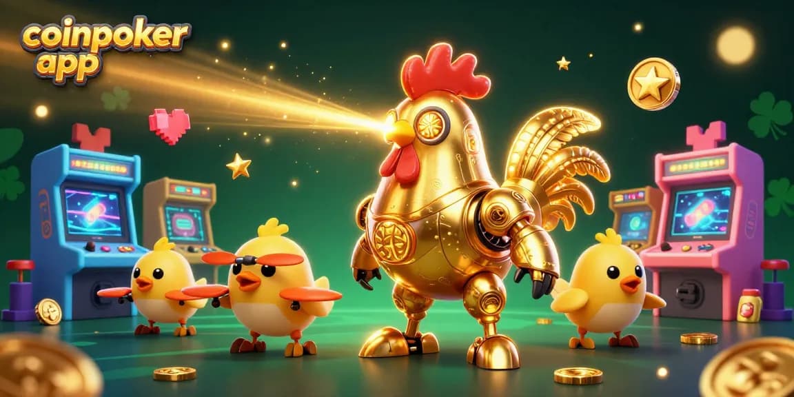 Jouez à CoinPoker app, le robot coq doré laser grave des motifs dorés avec des drones poussins, dans un casino coloré.