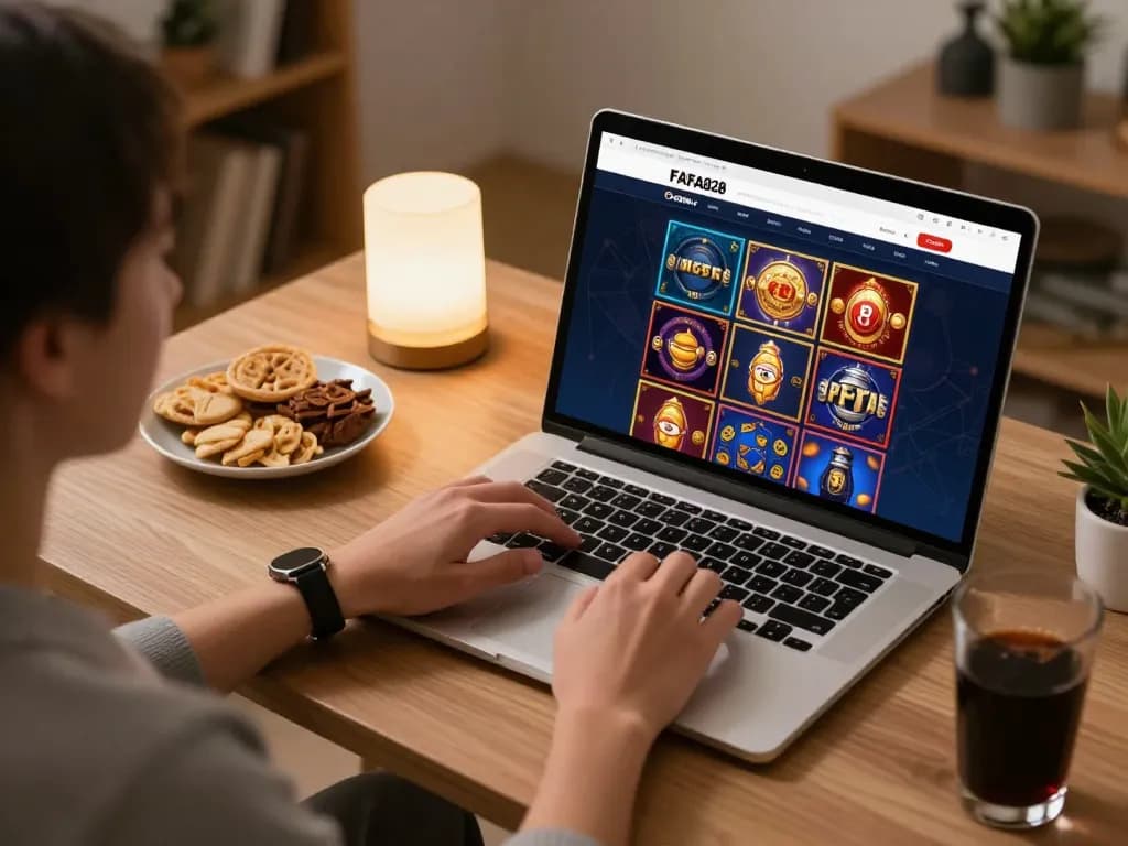 Engaging in online gaming with FAFA828 on a laptop, creating a cozy atmosphere for strategic gameplay.